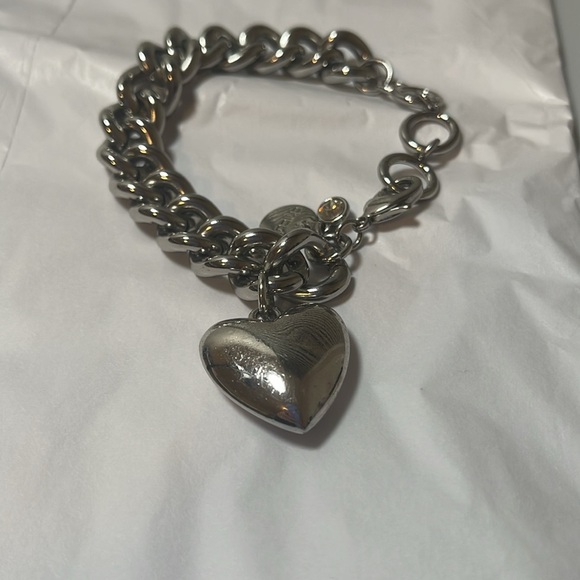 Chico's Heavy Silver Tone Chain Link Bracelet with Large Dangling Puffed Heart - Picture 3 of 6